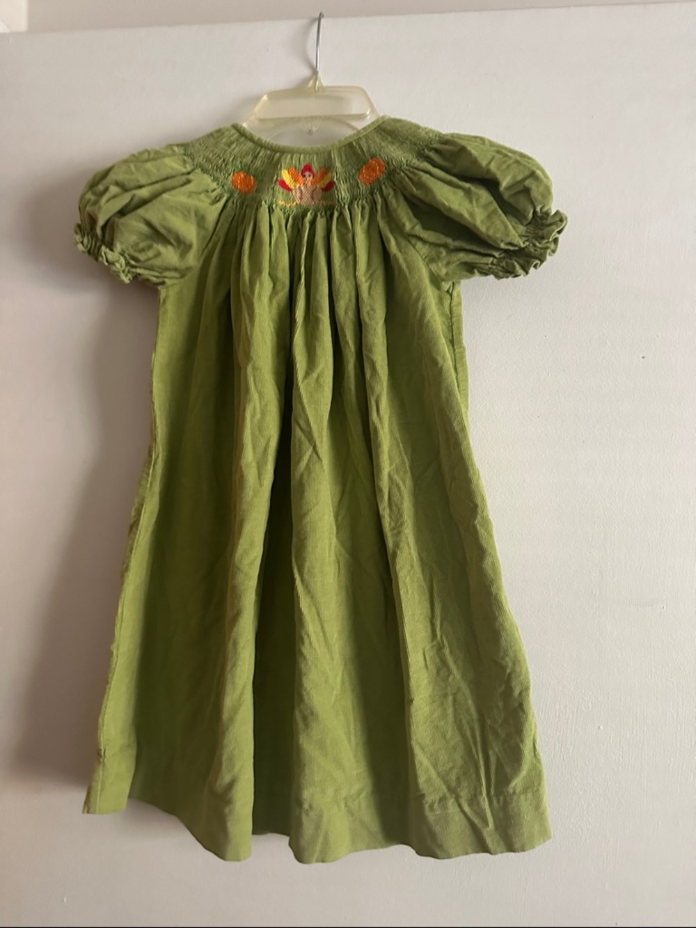 Girls' Olive Green Puff Sleeve Dress with Embroidered Yoke